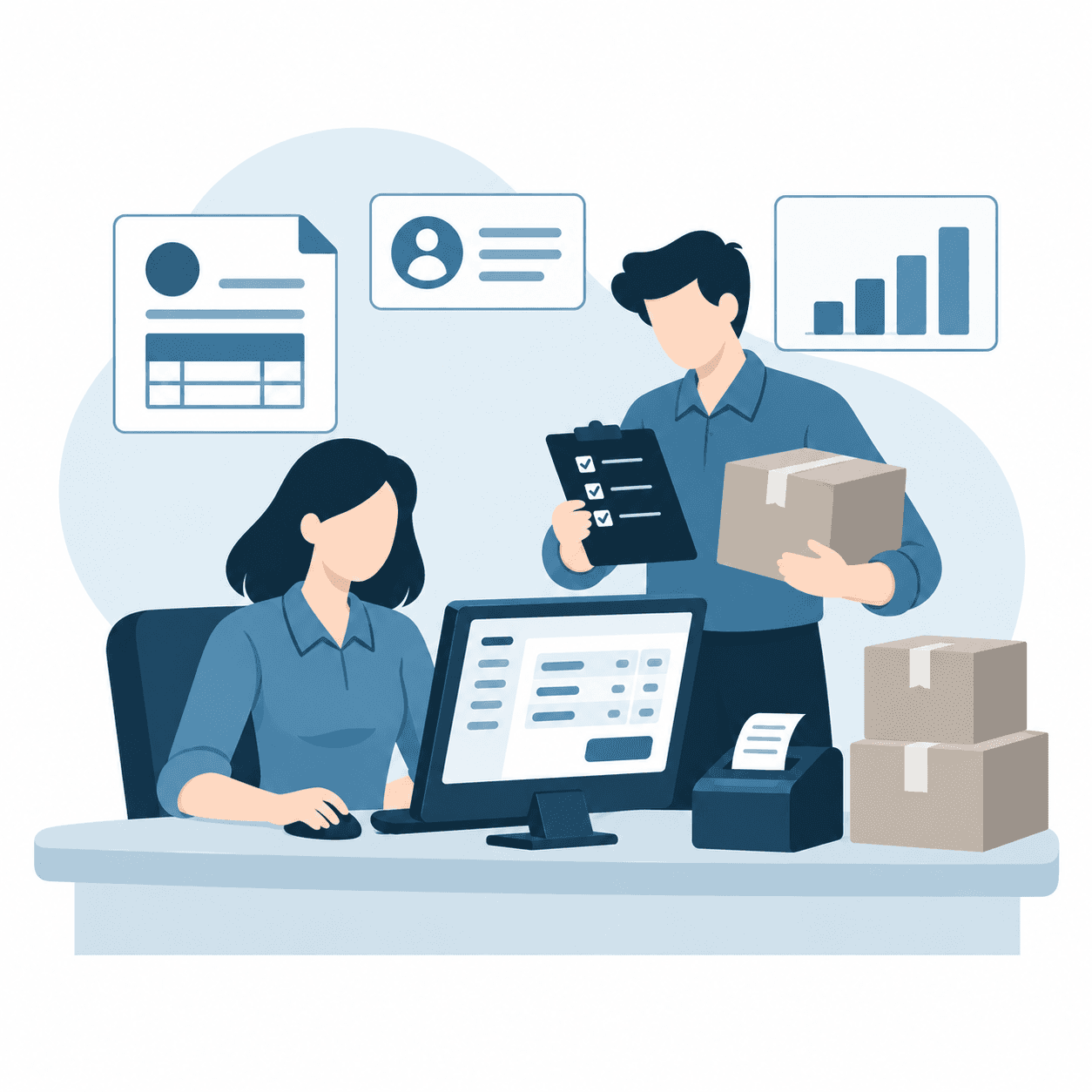 Steel blue illustration of a billing employee creating an invoice while a colleague checks stock, with a receipt printer and account reports